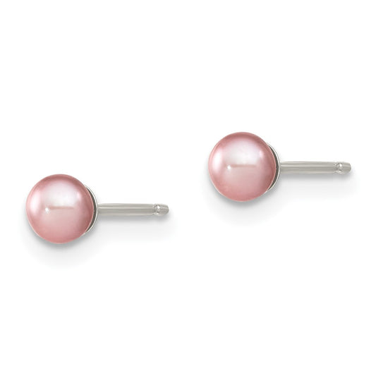 QE12724 Sterling Silver Rhodium-plated 3-4mm Purple Round Freshwater Cultured Pearl Post Earring