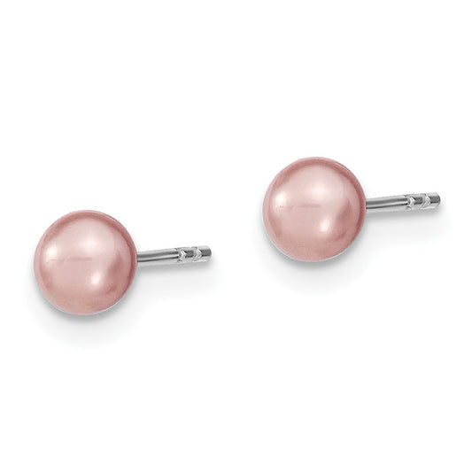 QE12725 Sterling Silver Rhodium-plated 4-5mm Purple Round Freshwater Cultured Pearl Post Earrings