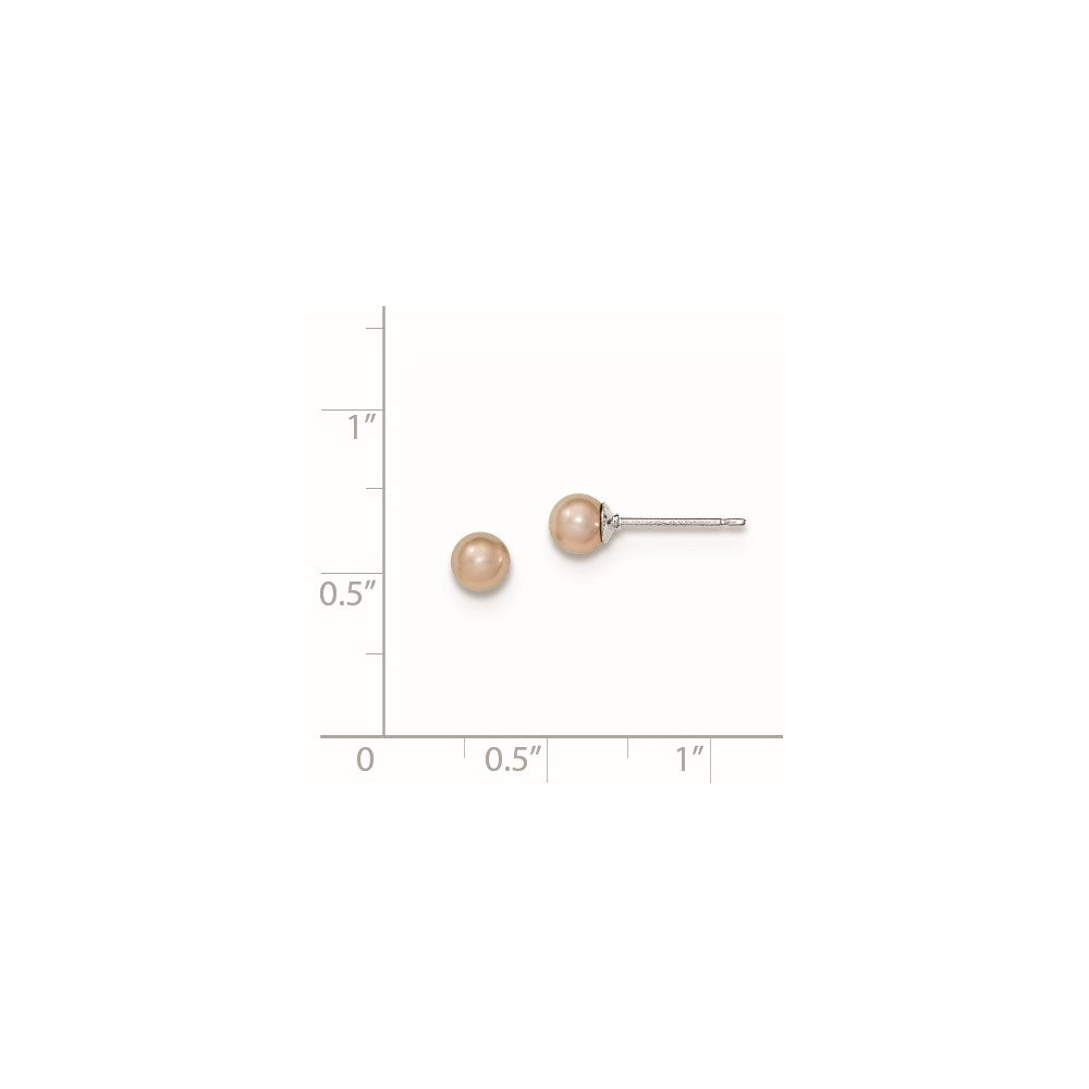 QE12725 Sterling Silver Rhodium-plated 4-5mm Purple Round Freshwater Cultured Pearl Post Earrings