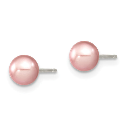 QE12726 Sterling Silver Rhodium-plated 5-6mm Purple Round Freshwater Cultured Pearl Post Earring