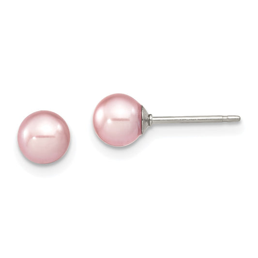 QE12726 Sterling Silver Rhodium-plated 5-6mm Purple Round Freshwater Cultured Pearl Post Earring