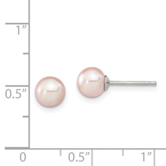 QE12727 Sterling Silver Rhodium-plated 6-7mm Purple Round Freshwater Cultured Pearl Post Earring