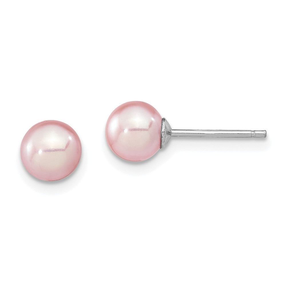 QE12727 Sterling Silver Rhodium-plated 6-7mm Purple Round Freshwater Cultured Pearl Post Earring