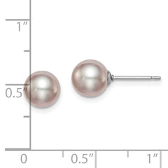 QE12728 Sterling Silver Rhodium-plated 7-8mm Purple Round Freshwater Cultured Pearl Post Earring