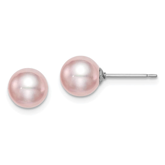 QE12728 Sterling Silver Rhodium-plated 7-8mm Purple Round Freshwater Cultured Pearl Post Earring