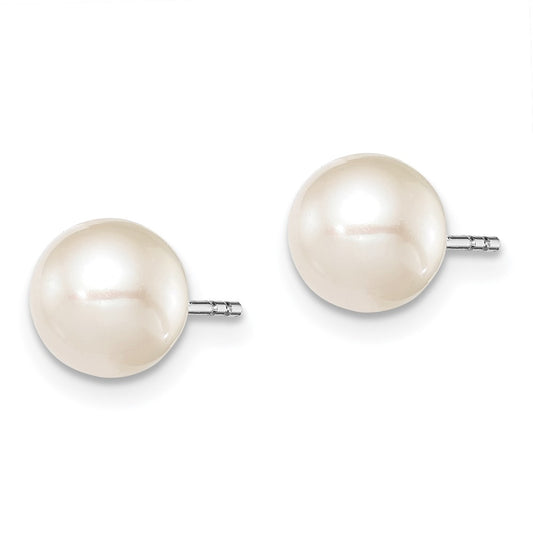 QE12734 Sterling Silver Rhodium-plated 7-8mm White Round Freshwater Cultured Pearl Post Earrings