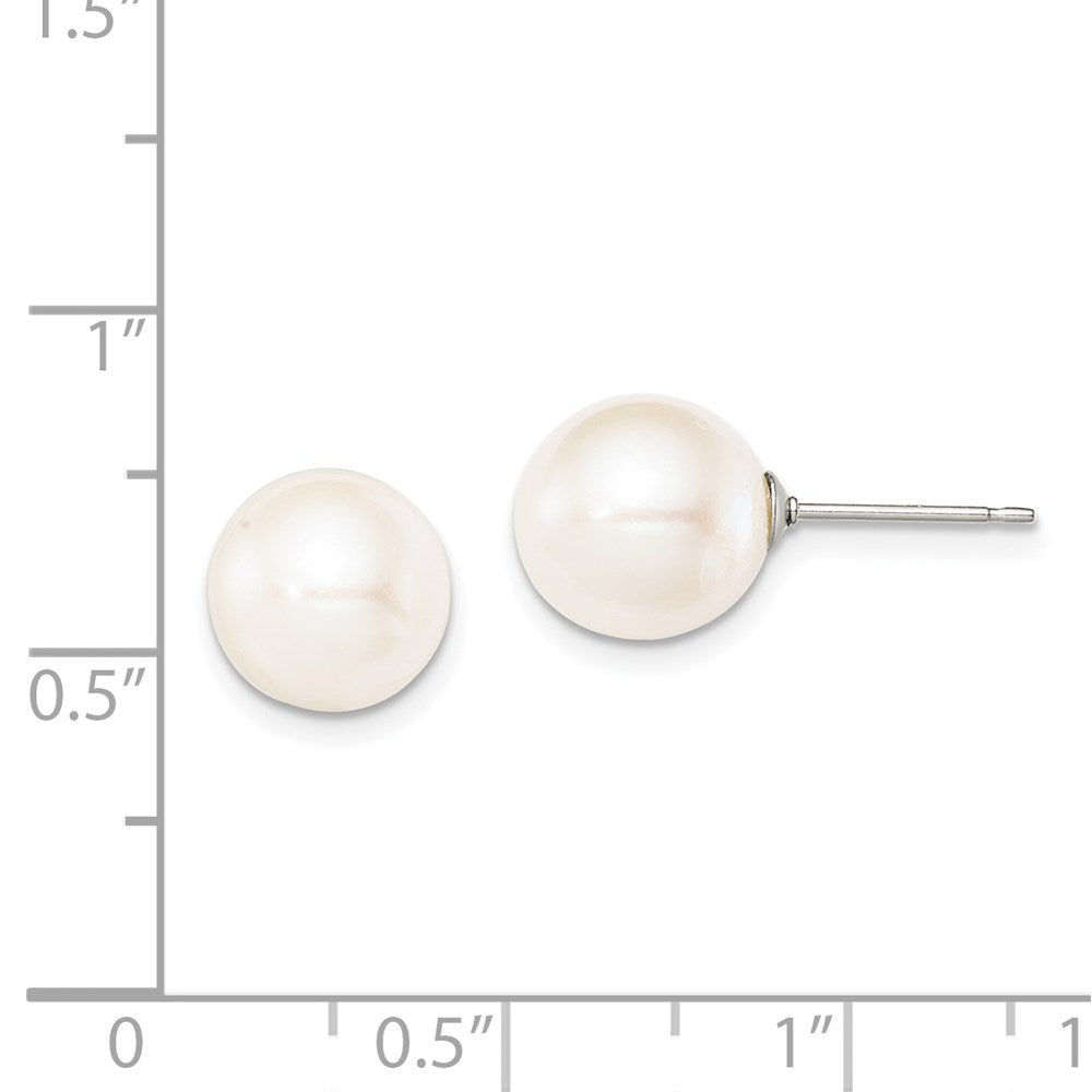 QE12736 Sterling Silver Rhodium-plated 9-10mm White Round Freshwater Cultured Pearl Post Earring
