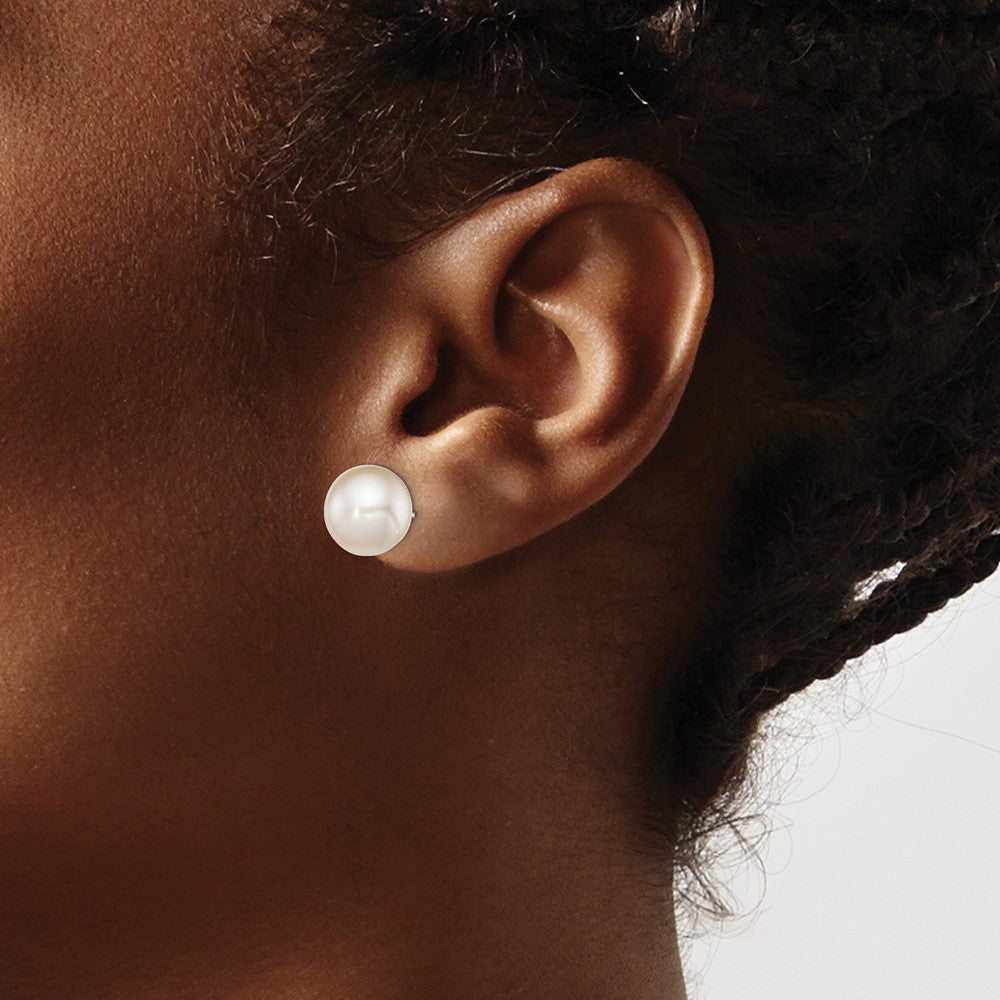 QE12737 Sterling Silver Rhodium-plated 10-11mm White Round Freshwater Cultured Pearl Post Earrings