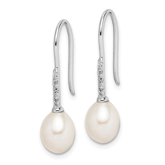 QE12739 Sterling Silver Rhodium-plated 7-8mm White Teardrop Freshwater Cultured Pearl and CZ Dangle Earrings