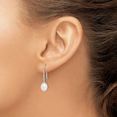 QE12739 Sterling Silver Rhodium-plated 7-8mm White Teardrop Freshwater Cultured Pearl and CZ Dangle Earrings