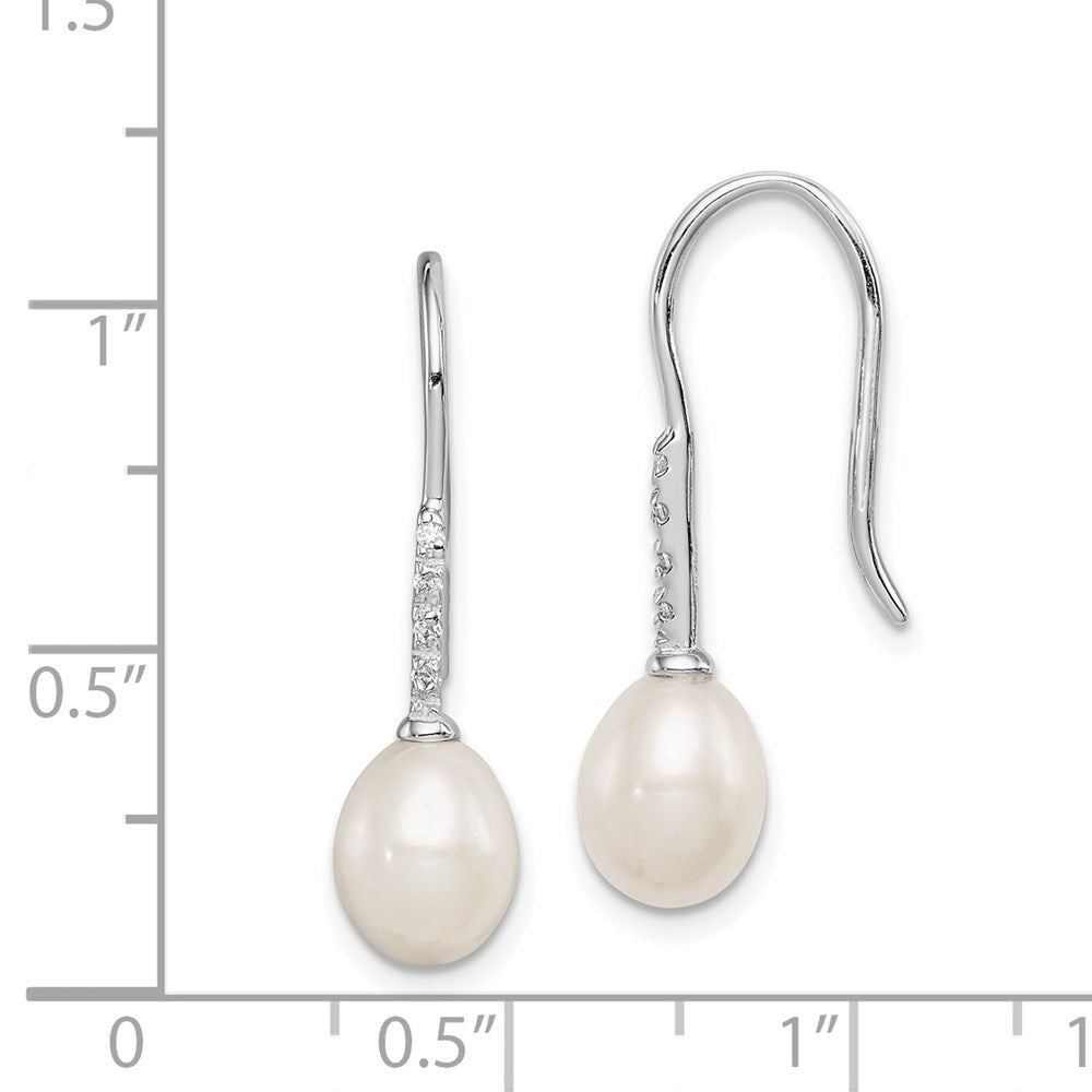 QE12739 Sterling Silver Rhodium-plated 7-8mm White Teardrop Freshwater Cultured Pearl and CZ Dangle Earrings