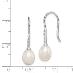 QE12739 Sterling Silver Rhodium-plated 7-8mm White Teardrop Freshwater Cultured Pearl and CZ Dangle Earrings