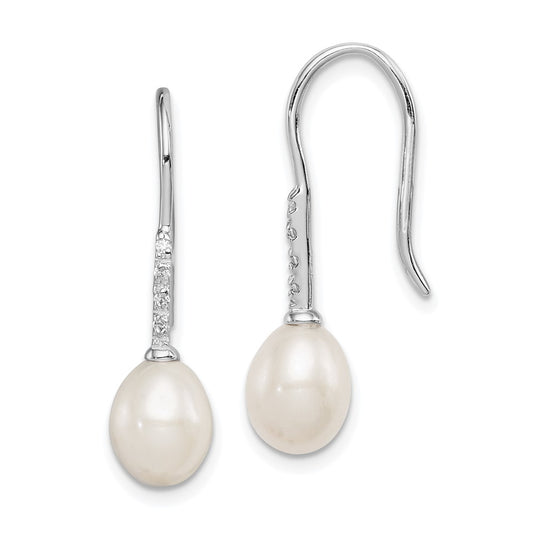 QE12739 Sterling Silver Rhodium-plated 7-8mm White Teardrop Freshwater Cultured Pearl and CZ Dangle Earrings