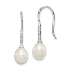 QE12739 Sterling Silver Rhodium-plated 7-8mm White Teardrop Freshwater Cultured Pearl and CZ Dangle Earrings