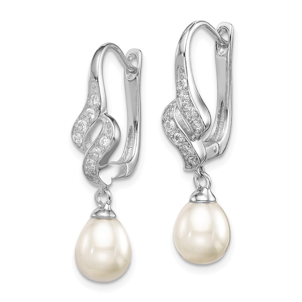 QE12741 Sterling Silver Rhodium-plated 7-8mm White Teardrop Freshwater Cultured Pearl and CZ Dangle Leverback Earrings