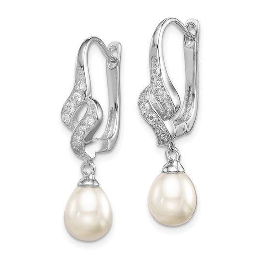 QE12741 Sterling Silver Rhodium-plated 7-8mm White Teardrop Freshwater Cultured Pearl and CZ Dangle Leverback Earrings