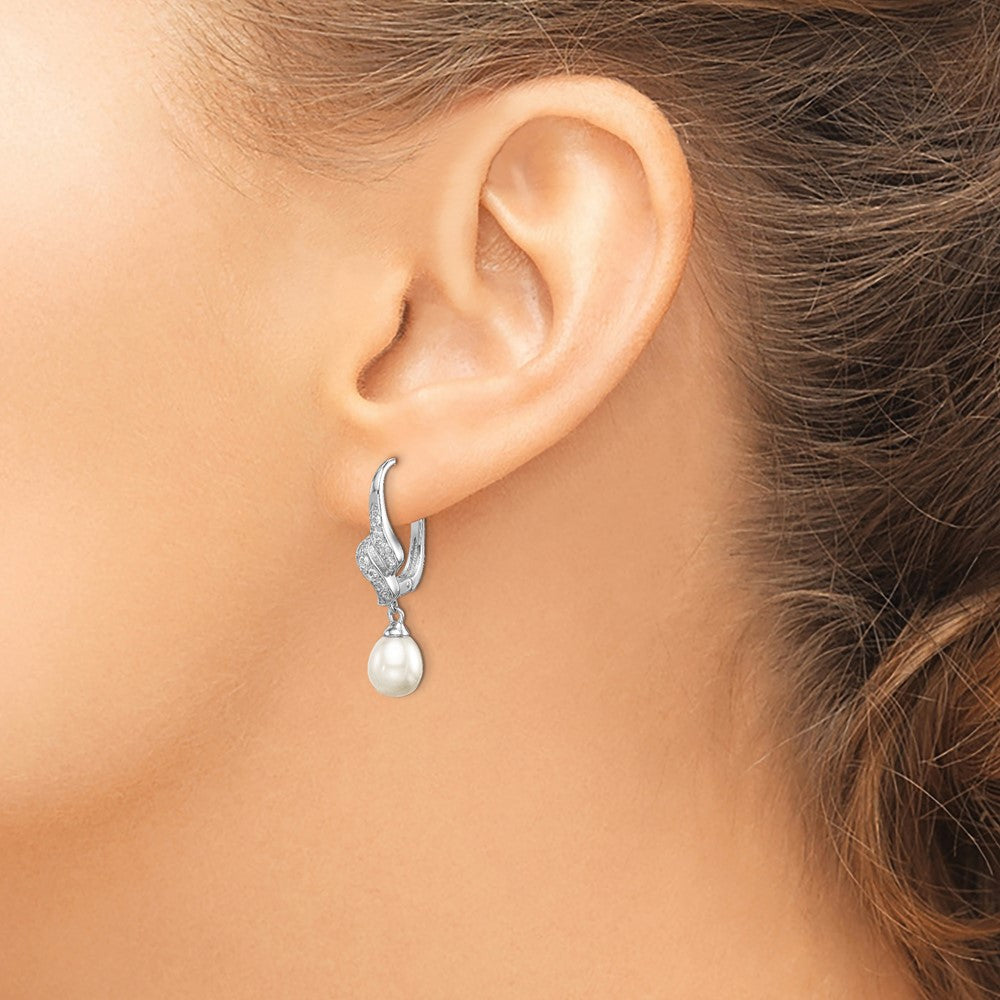 QE12741 Sterling Silver Rhodium-plated 7-8mm White Teardrop Freshwater Cultured Pearl and CZ Dangle Leverback Earrings