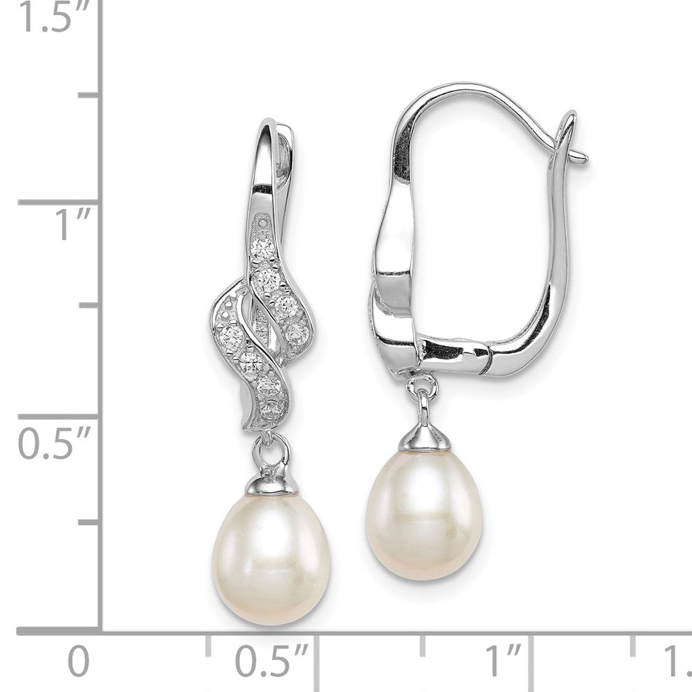 QE12741 Sterling Silver Rhodium-plated 7-8mm White Teardrop Freshwater Cultured Pearl and CZ Dangle Leverback Earrings