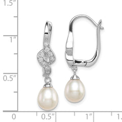 QE12741 Sterling Silver Rhodium-plated 7-8mm White Teardrop Freshwater Cultured Pearl and CZ Dangle Leverback Earrings