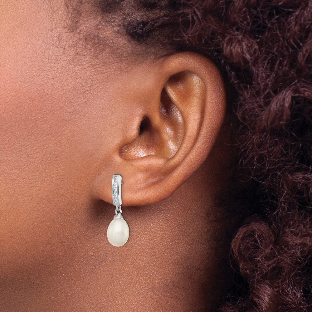 QE12742 Sterling Silver Rhodium-plated 8-9mm White Rice Freshwater Cultured Pearl and CZ Post Dangle Earrings