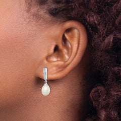 QE12742 Sterling Silver Rhodium-plated 8-9mm White Rice Freshwater Cultured Pearl and CZ Post Dangle Earrings