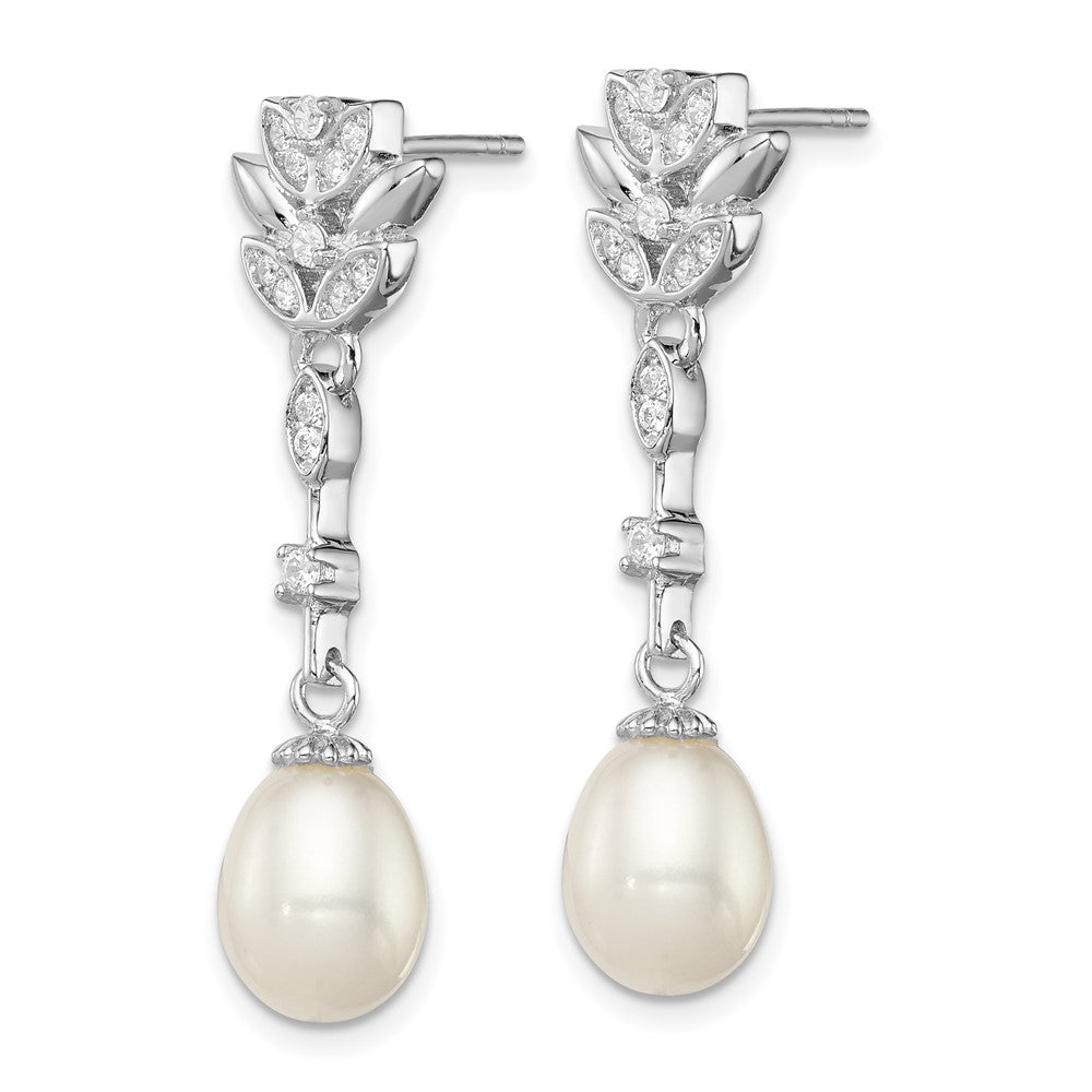 QE12744 Sterling Silver Rhodium-plated 8-9mm White Teardrop Freshwater Cultured Pearl and CZ Post Dangle Earrings