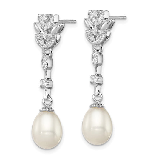 QE12744 Sterling Silver Rhodium-plated 8-9mm White Teardrop Freshwater Cultured Pearl and CZ Post Dangle Earrings