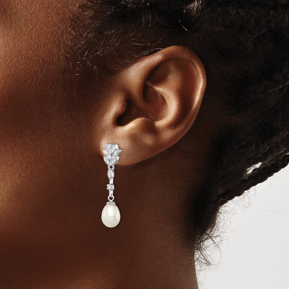 QE12744 Sterling Silver Rhodium-plated 8-9mm White Teardrop Freshwater Cultured Pearl and CZ Post Dangle Earrings
