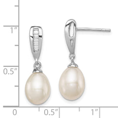 QE12746 Sterling Silver Rhodium-plated 7-8mm White Rice Freshwater Cultured Pearl and CZ Post Dangle Earrings