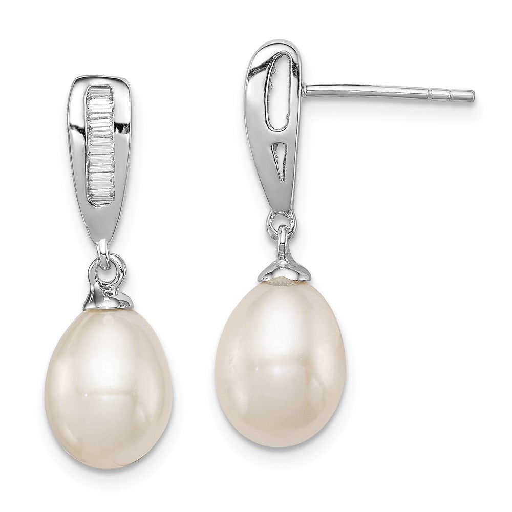 QE12746 Sterling Silver Rhodium-plated 7-8mm White Rice Freshwater Cultured Pearl and CZ Post Dangle Earrings
