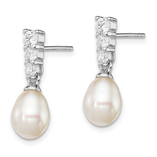 QE12747 Sterling Silver Rhod-plated 7-8mm White Teardrop Freshwater Cultured Pearl and CZ Post Dangle Earrings