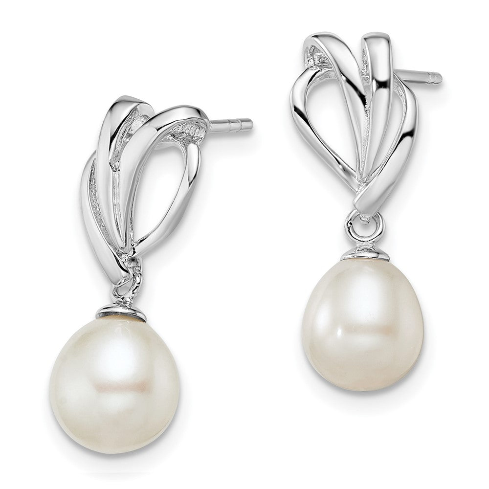 QE12748 Sterling Silver Rhodium-plated 7-8mm White Rice Freshwater Cultured Pearl Post Dangle Earrings