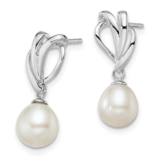 QE12748 Sterling Silver Rhodium-plated 7-8mm White Rice Freshwater Cultured Pearl Post Dangle Earrings