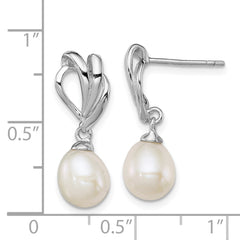 QE12748 Sterling Silver Rhodium-plated 7-8mm White Rice Freshwater Cultured Pearl Post Dangle Earrings
