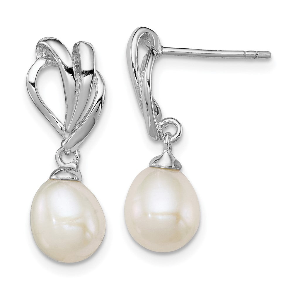 QE12748 Sterling Silver Rhodium-plated 7-8mm White Rice Freshwater Cultured Pearl Post Dangle Earrings