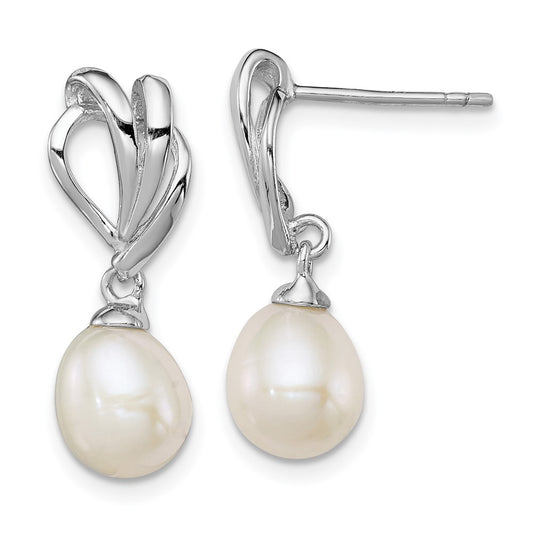 QE12748 Sterling Silver Rhodium-plated 7-8mm White Rice Freshwater Cultured Pearl Post Dangle Earrings