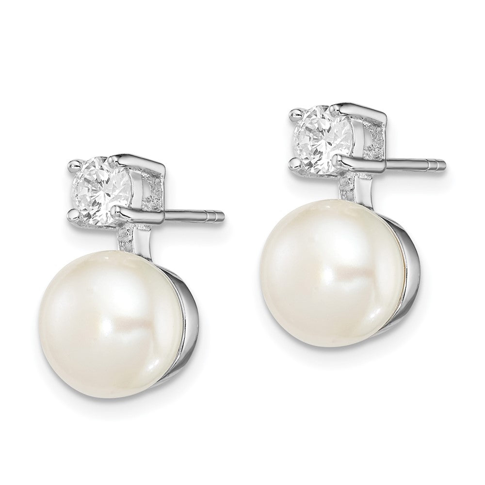 QE12750 Sterling Silver Rhodium-plated 7-8mm White Button Freshwater Cultured Pearl and CZ Post Earrings