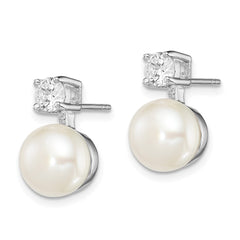 QE12750 Sterling Silver Rhodium-plated 7-8mm White Button Freshwater Cultured Pearl and CZ Post Earrings