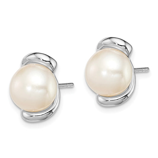 QE12752 Sterling Silver Rhodium-plated 8-9mm White Button Freshwater Cultured Pearl Post Earrings