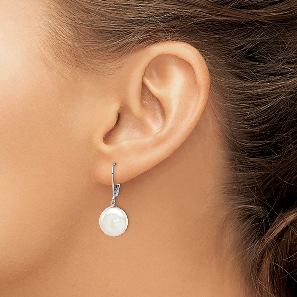 QE12755 Sterling Silver Rhodium-plated 12-13mm White Coin Freshwater Cultured Pearl Leverback Dangle Earrings