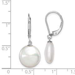 QE12755 Sterling Silver Rhodium-plated 12-13mm White Coin Freshwater Cultured Pearl Leverback Dangle Earrings