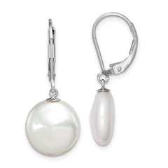 QE12755 Sterling Silver Rhodium-plated 12-13mm White Coin Freshwater Cultured Pearl Leverback Dangle Earrings