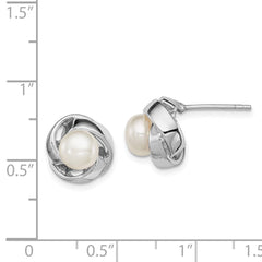 QE12757 Sterling Silver Rhodium-plated 6-7mm White Button Freshwater Cultured Pearl Knot Post Earrings