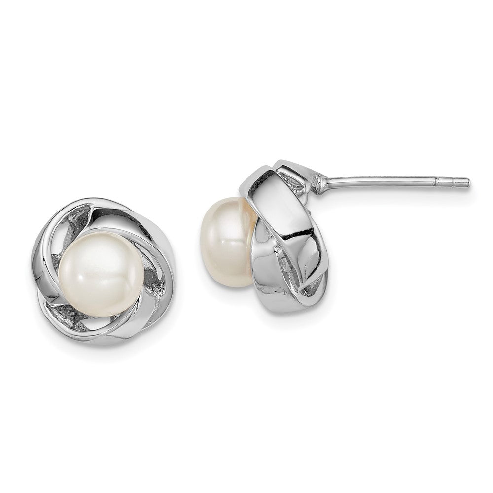 QE12757 Sterling Silver Rhodium-plated 6-7mm White Button Freshwater Cultured Pearl Knot Post Earrings