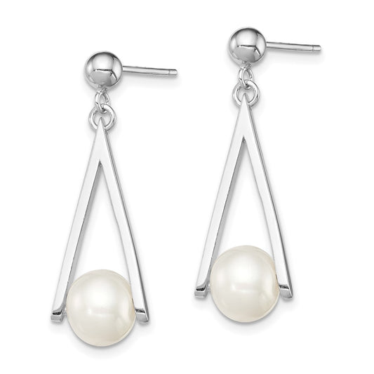 QE12760 Sterling Silver Rhodium-plated 8-9mm White Semi-Round Freshwater Cultured Pearl Triangle Post Dangle Earrings