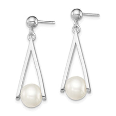 QE12760 Sterling Silver Rhodium-plated 8-9mm White Semi-Round Freshwater Cultured Pearl Triangle Post Dangle Earrings