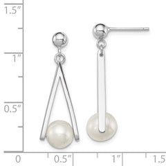 QE12760 Sterling Silver Rhodium-plated 8-9mm White Semi-Round Freshwater Cultured Pearl Triangle Post Dangle Earrings