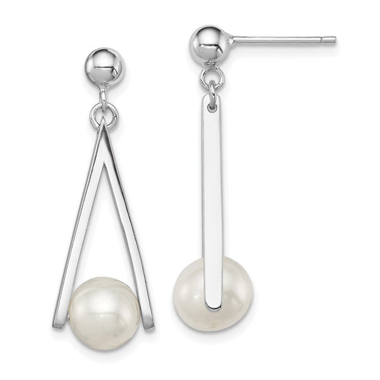 QE12760 Sterling Silver Rhodium-plated 8-9mm White Semi-Round Freshwater Cultured Pearl Triangle Post Dangle Earrings