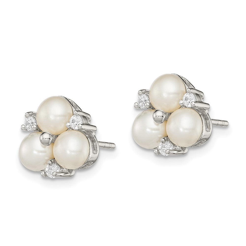 QE12761 Sterling Silver Rhodium-plated 5-6mm White Button Freshwater Cultured 3-Pearl and CZ Post Earrings
