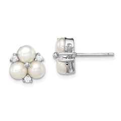 QE12761 Sterling Silver Rhodium-plated 5-6mm White Button Freshwater Cultured 3-Pearl and CZ Post Earrings